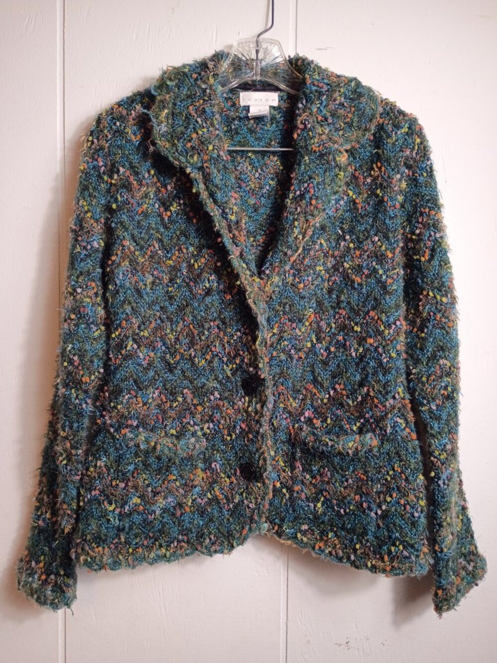 Tweeds Wool Blend Textured Sweater Blazer Womens Small Green Orange Boucle Funky